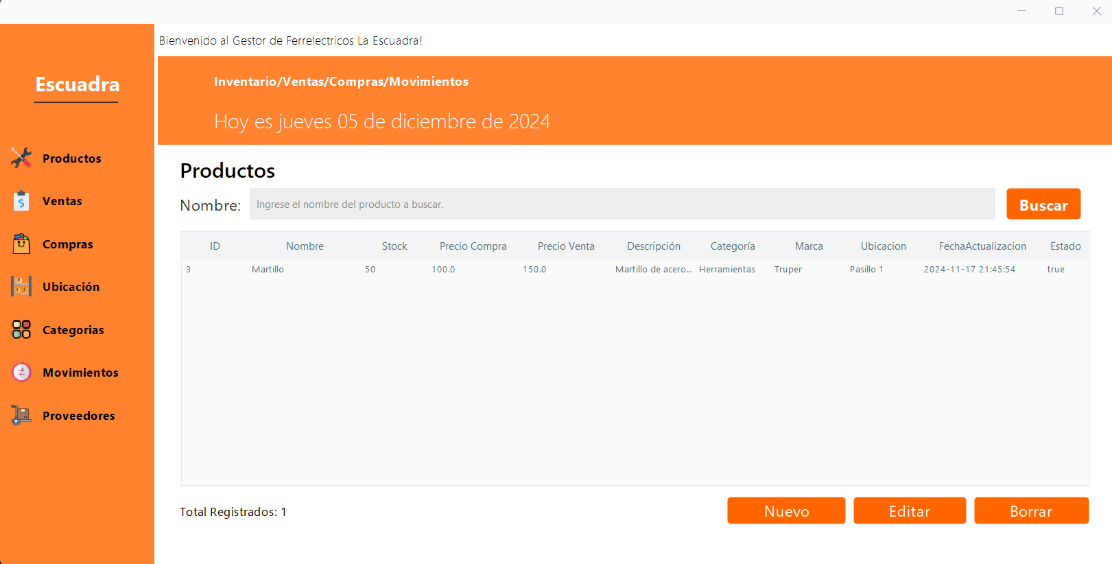 Interfaz del sistema de inventario